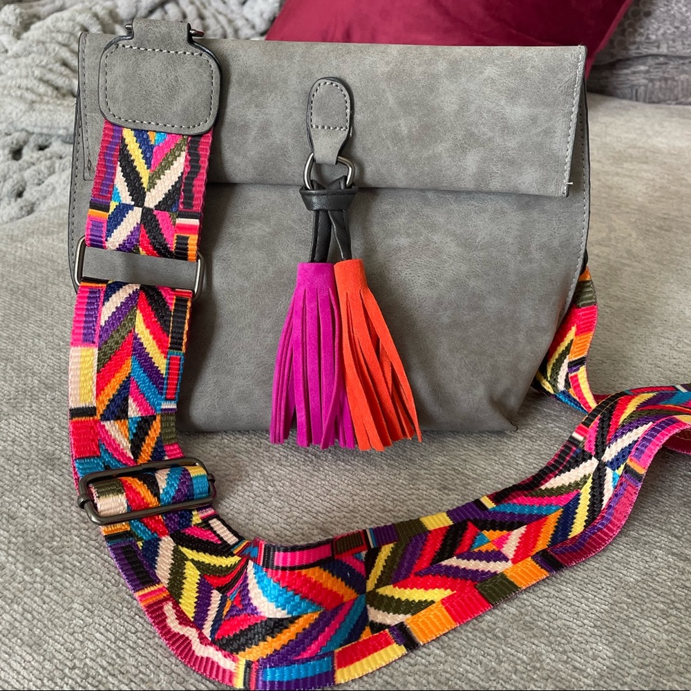 Gray Crossbody Bag with Multicolor Tassel and Geometric Strap